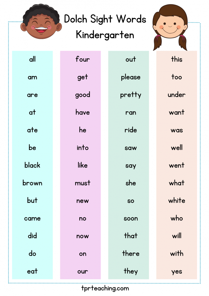 Kindergarten Sight Words List