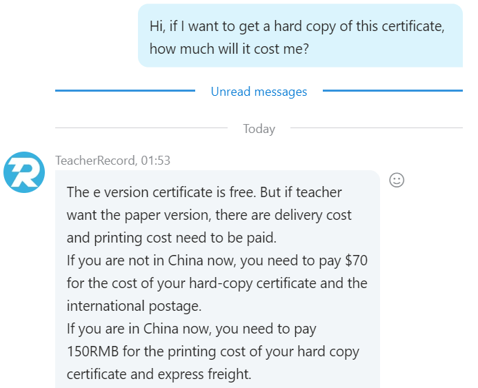 teacher record cost of hardcopy certificate