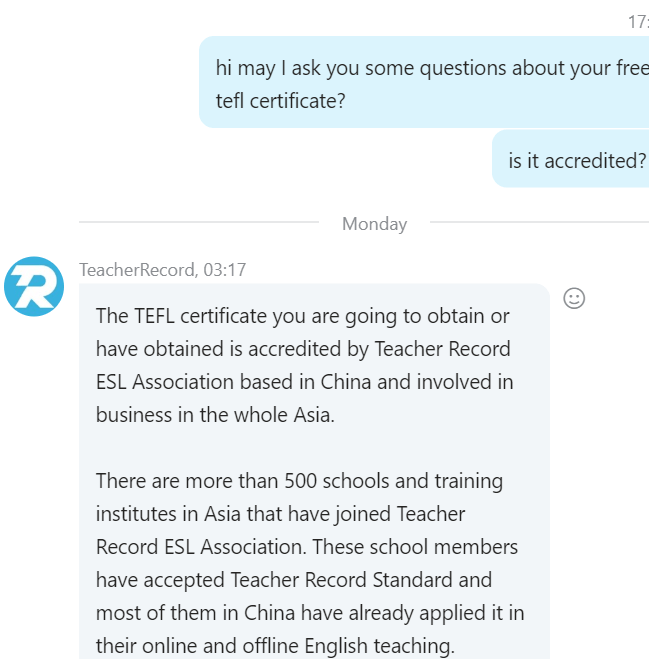 Teacher Record Response to TEFL Certificate Accreditation