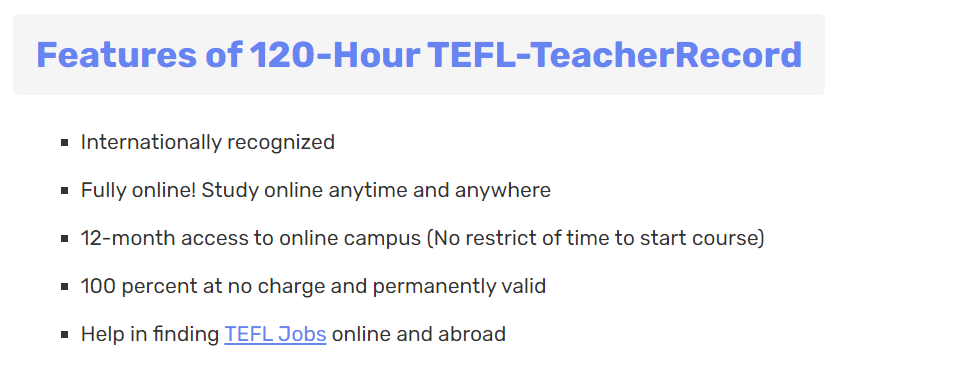 Featiures of Teacher Record TEFL Certificate